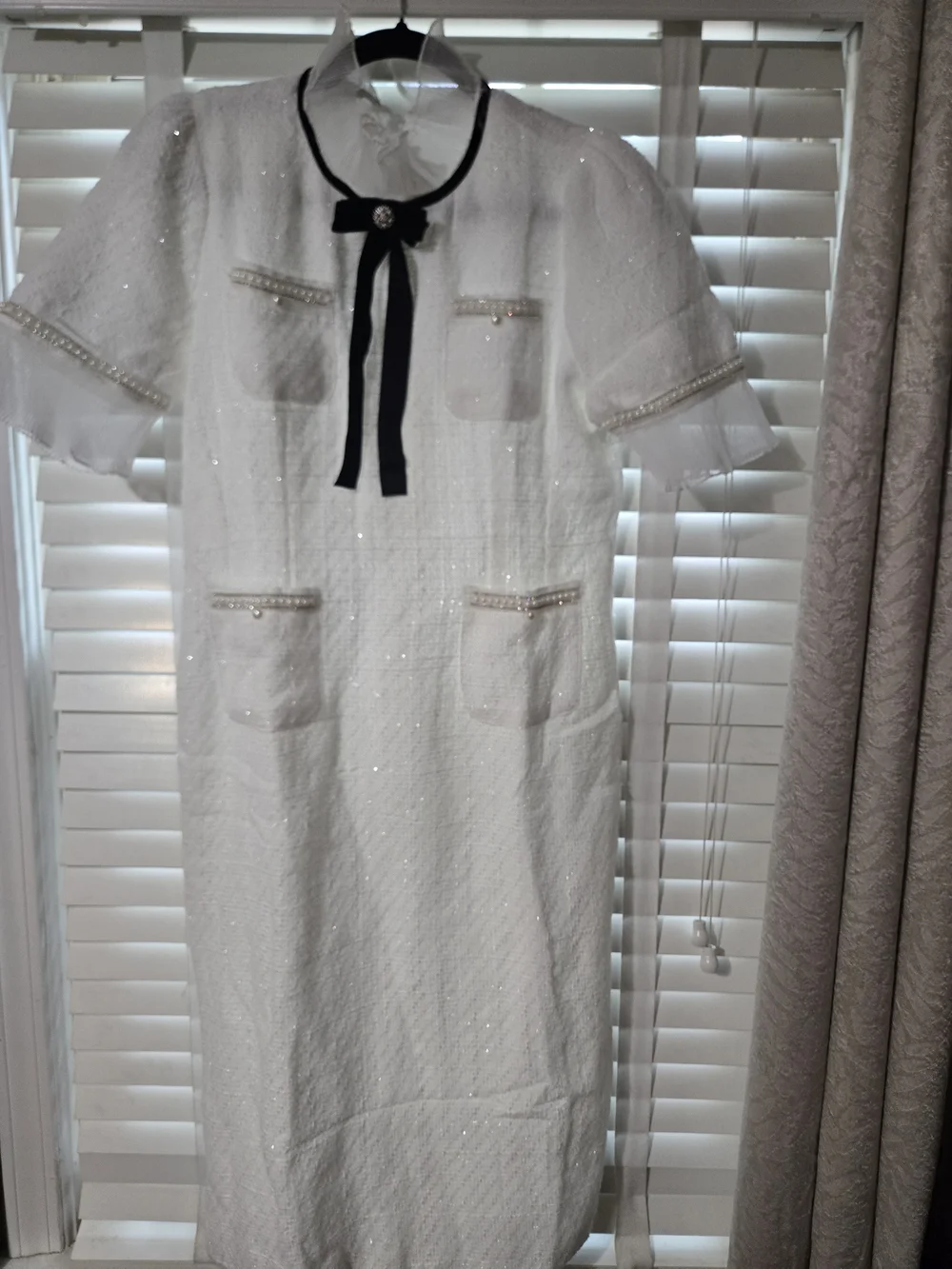 NWOT Elegant White Tweed Midi Dress with Black Ribbon Detail and Pearl Trim - Picture 3 of 7